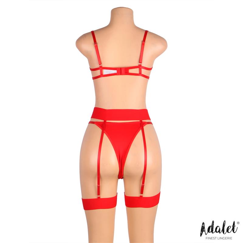 ADALET LINGERIE Yvonne Set Sujetador, Tanga y Liguero con Corazones Rojo